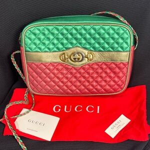 Gucci Quilted Green and Red Crossbody Bag with Gold Accents-COA